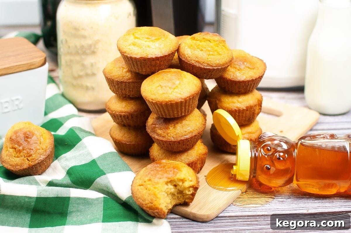 A closer look at a stack of Air Fryer Cornbread Muffins, highlighting their fluffy texture