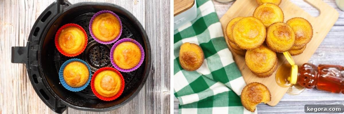 Cooked muffins in silicone cups, and a pile of finished Air Fryer Cornbread Muffins
