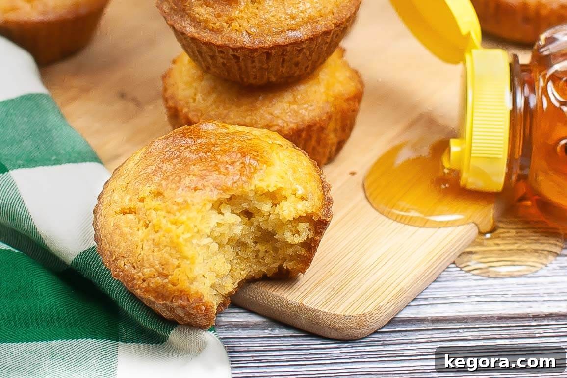Air Fryer Cornbread Muffin with a bite taken out, showing its moist interior