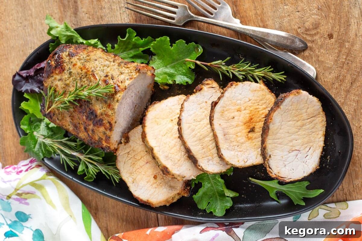 air fryer pork roast sliced on black plate with rosemary