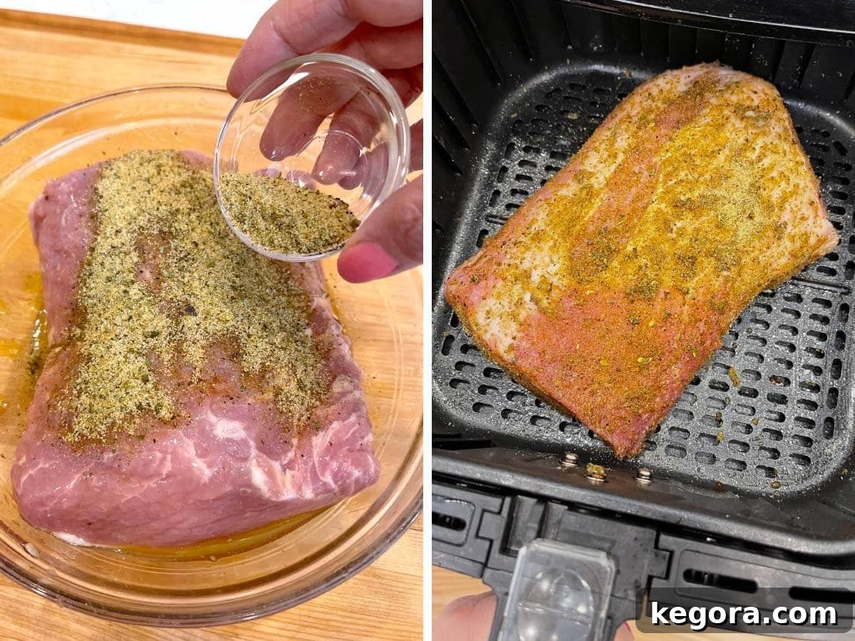 adding spices to pork, prepared pork in air fryer basket