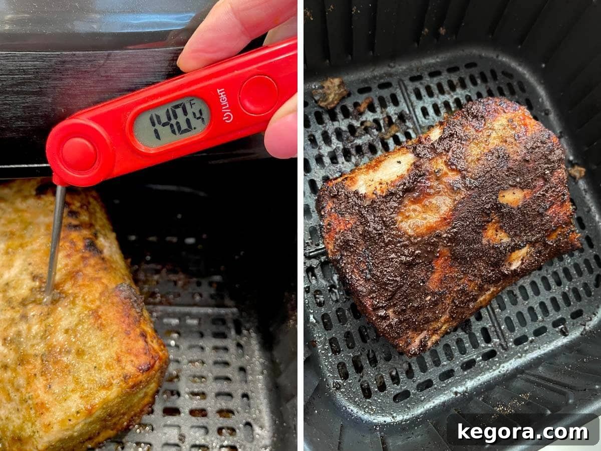 checking meat temp with thermometer, cooked pork roast in air fryer basket