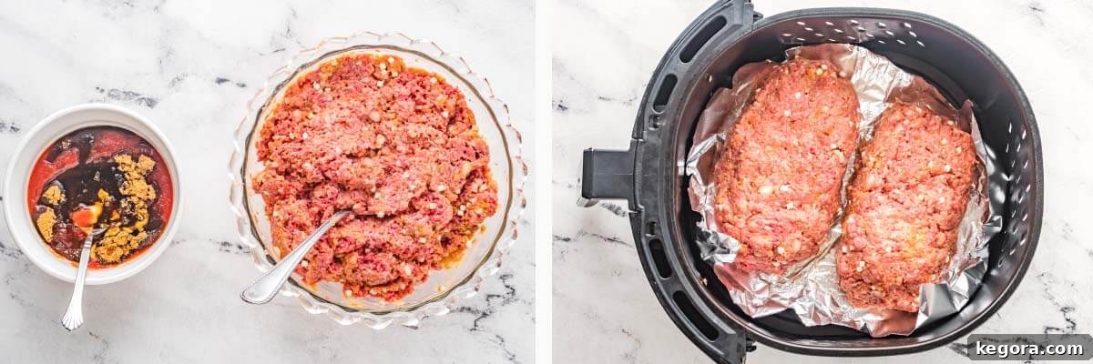 Crispy Air Fryer Meatloaf 5 meatloaf mixture in a bowl, raw meatloaf in air fryer basket
