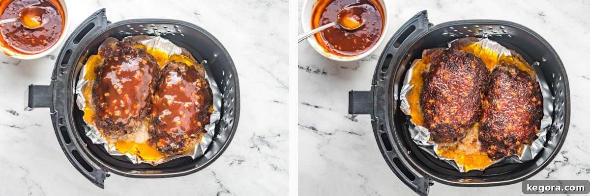 Crispy Air Fryer Meatloaf 6 meatloaf in air fryer basket with sauce