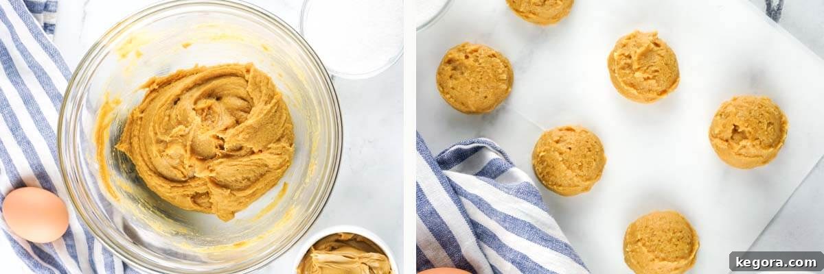 Air Fried Peanut Butter Cookie Delights 5 Peanut butter cookie dough in a bowl and perfectly formed dough balls ready for the air fryer