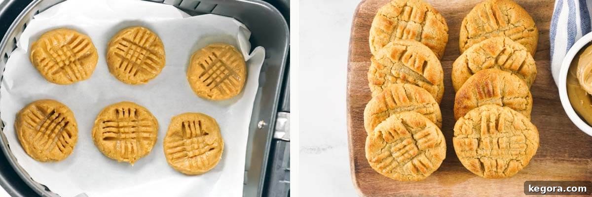 Air Fried Peanut Butter Cookie Delights 6 Raw peanut butter cookie dough balls with a crosshatch pattern in an air fryer basket, and finished cookies on a cooling rack
