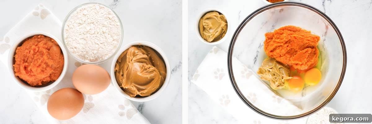 Easy Air Fryer Snacks for Pups 4 Ingredients for dog treats artfully arranged on a counter, with a mixing bowl ready