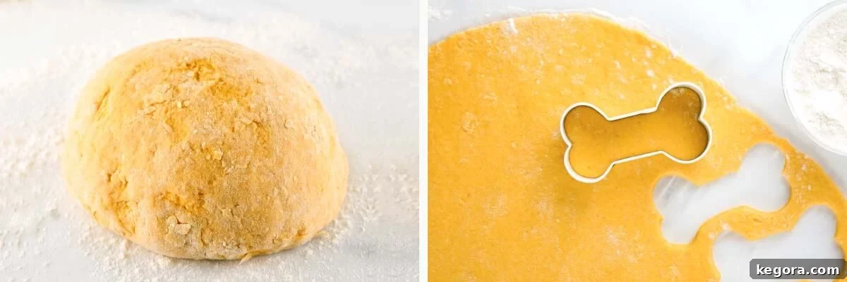 Easy Air Fryer Snacks for Pups 5 Dough ball being rolled out and cut with a bone-shaped cookie cutter