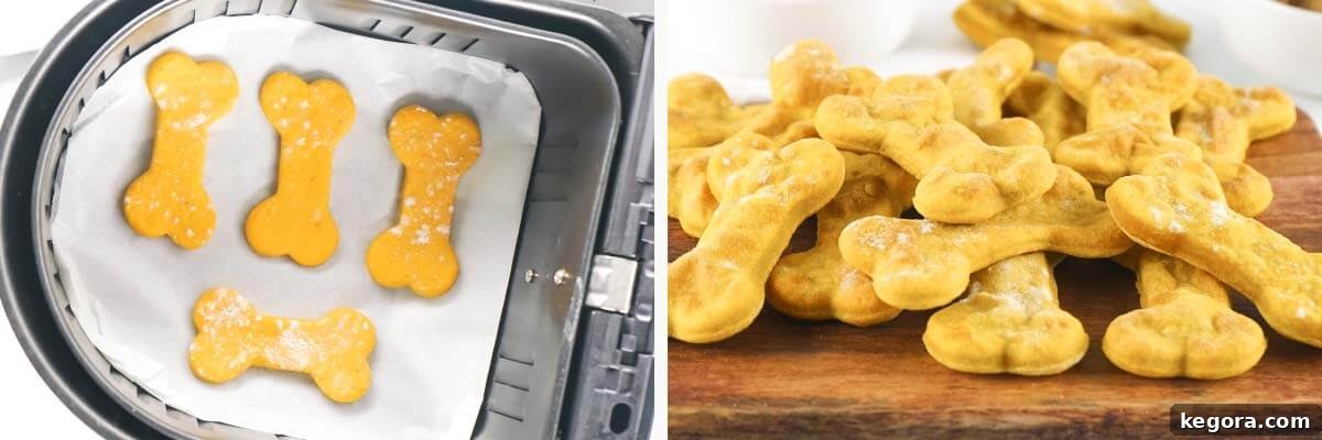 Easy Air Fryer Snacks for Pups 6 Cut dough pieces in an air fryer basket, and a finished pile of cooked dog treats