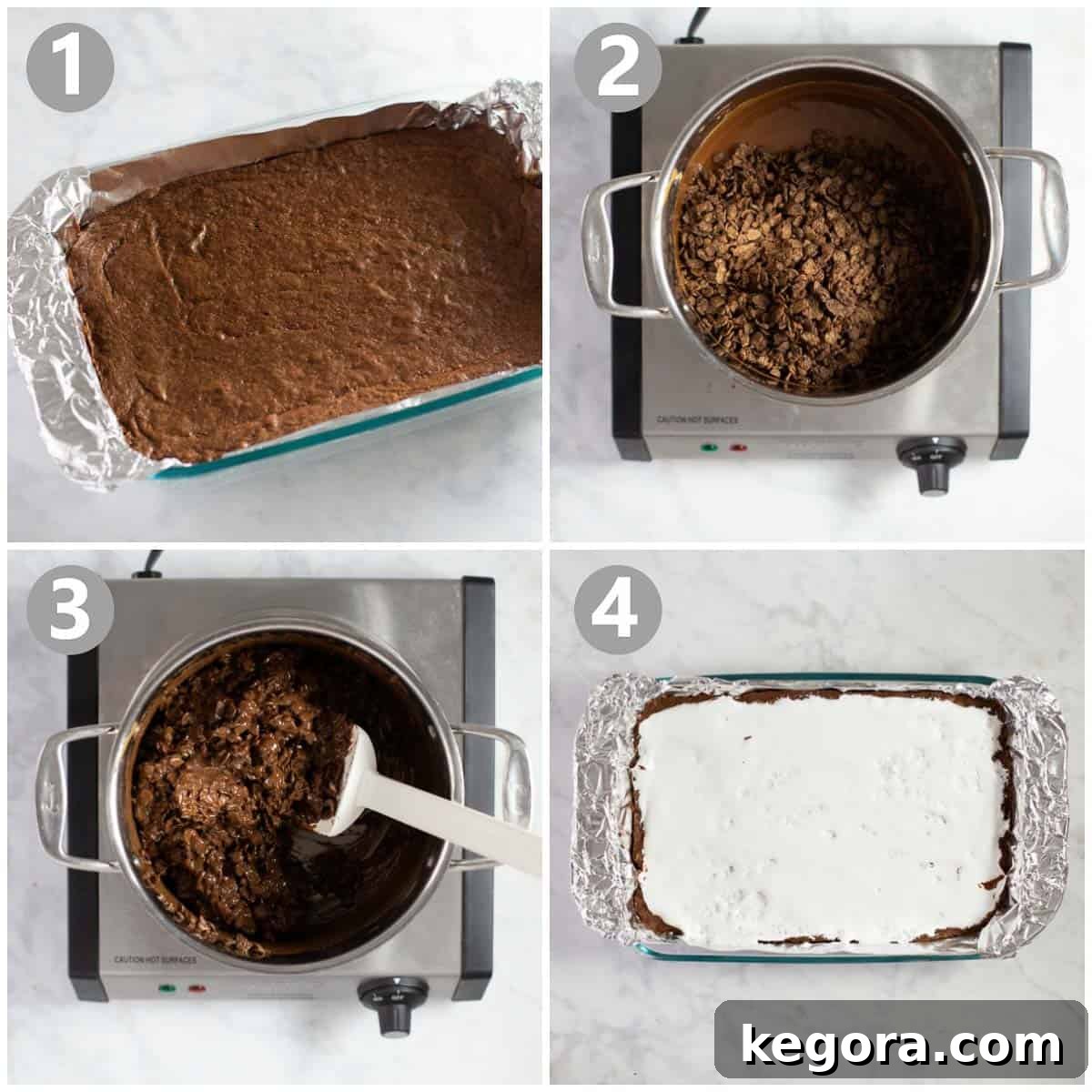 Gluten-Free Pebbles Cereal Brownies Step-by-step instructions how to make PEBBLES cereal brownies, showing the different layers being applied.