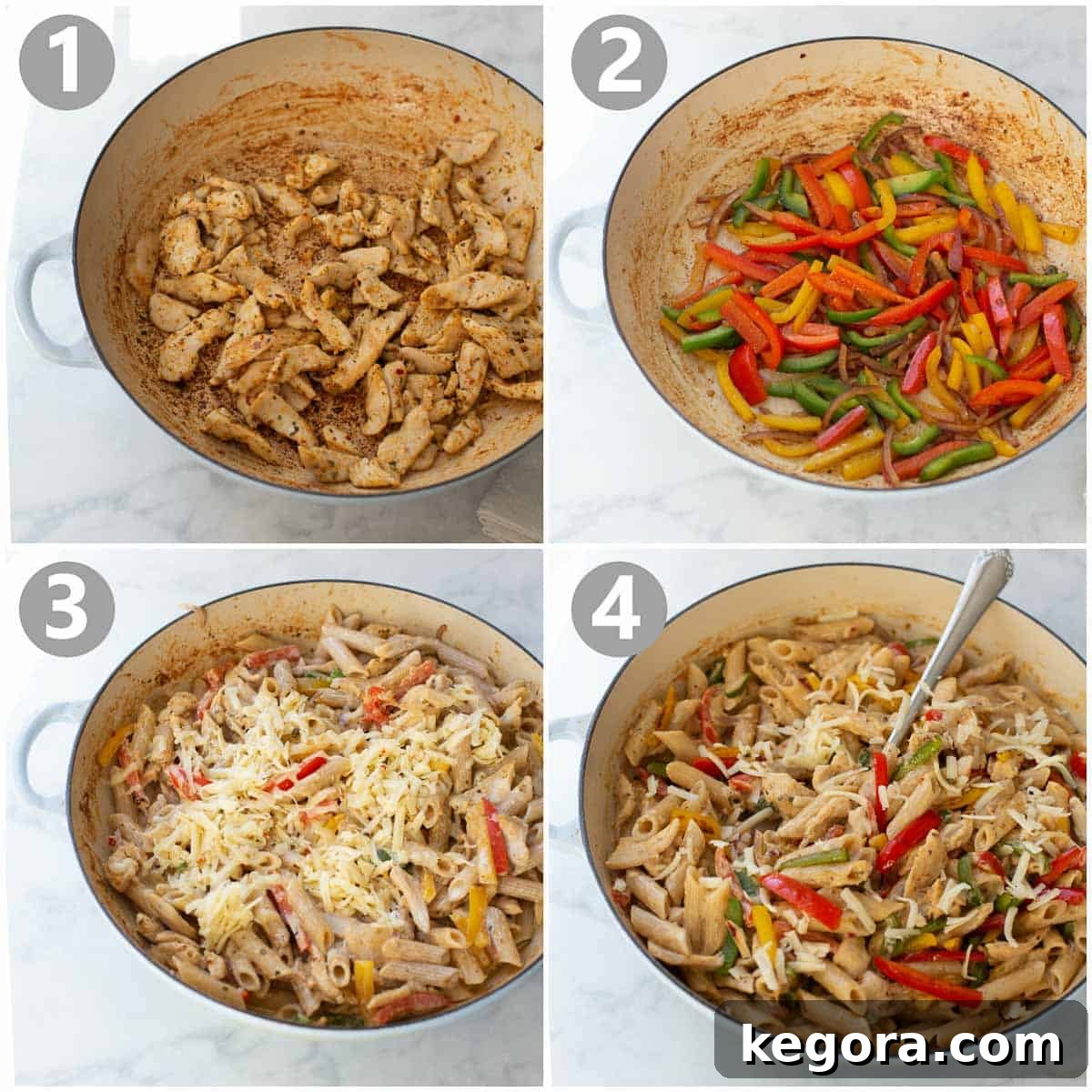 Fajita Pasta Step-by-step photos illustrating the preparation of chicken fajita pasta.
