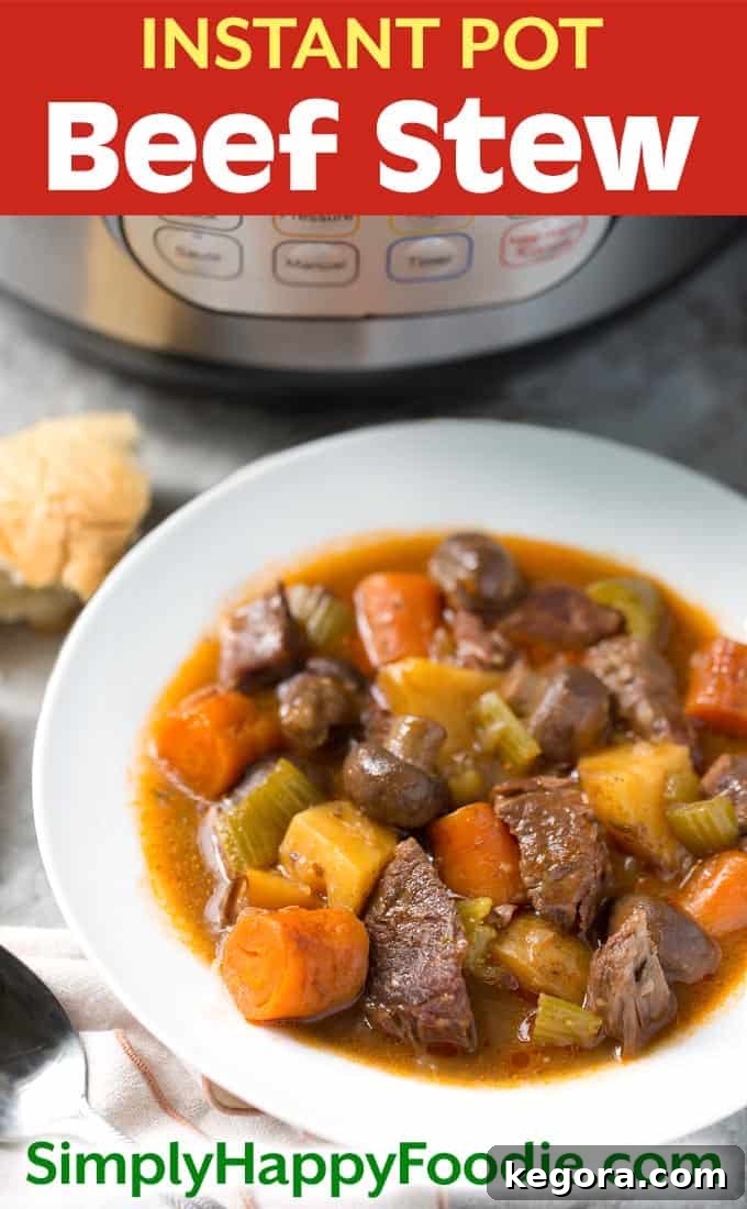 Pinterest graphic for Instant Pot Beef Stew with the title and simplyhappyfoodie.com logo, featuring a bowl of stew, ready for sharing on social media.