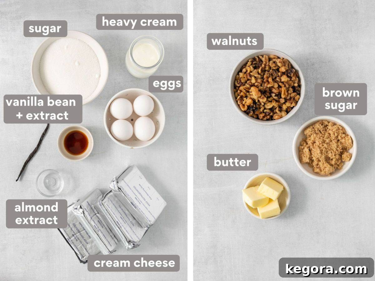 A visual spread of fresh ingredients needed to bake the gluten-free cheesecake, including cream cheese, eggs, sour cream, walnuts, and vanilla bean.