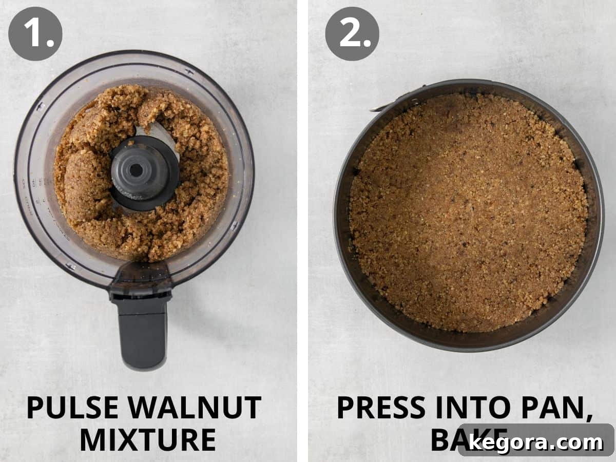 Step-by-step image showing how to prepare the gluten-free cheesecake crust in a food processor.