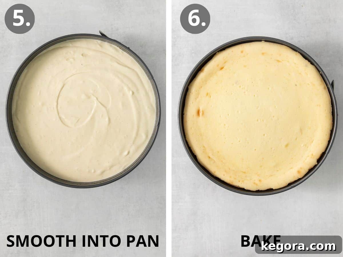 An image depicting the gluten-free cheesecake being placed into the oven for baking.