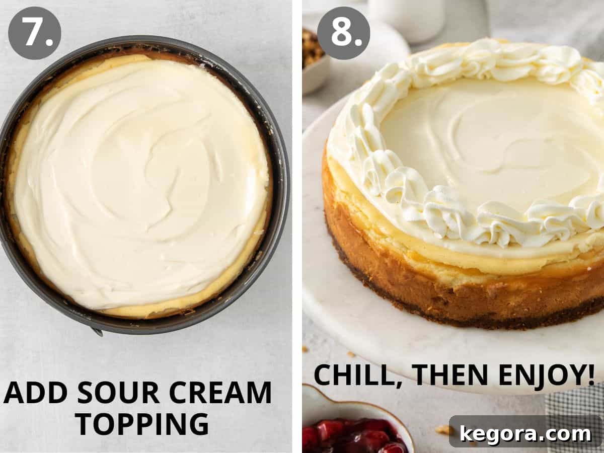 The final stage of preparation: adding the sour cream topping to the freshly baked gluten-free cheesecake.