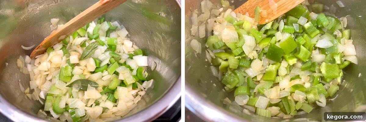 Hearty Instant Pot Cabbage Soup 4 sautéing vegetables in pot.