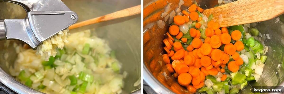 Hearty Instant Pot Cabbage Soup 5 cooking veggies in pot.