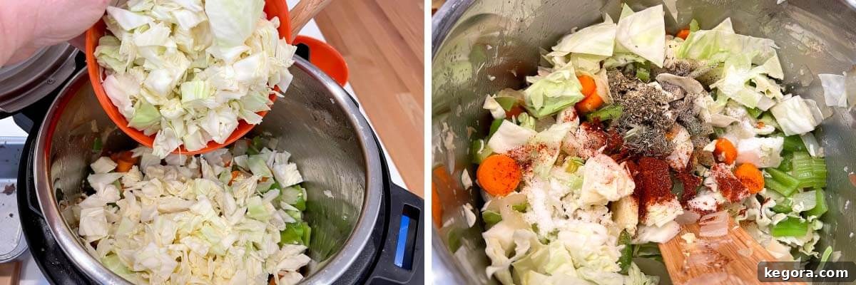 Hearty Instant Pot Cabbage Soup 6 adding cabbage and spices to pot.
