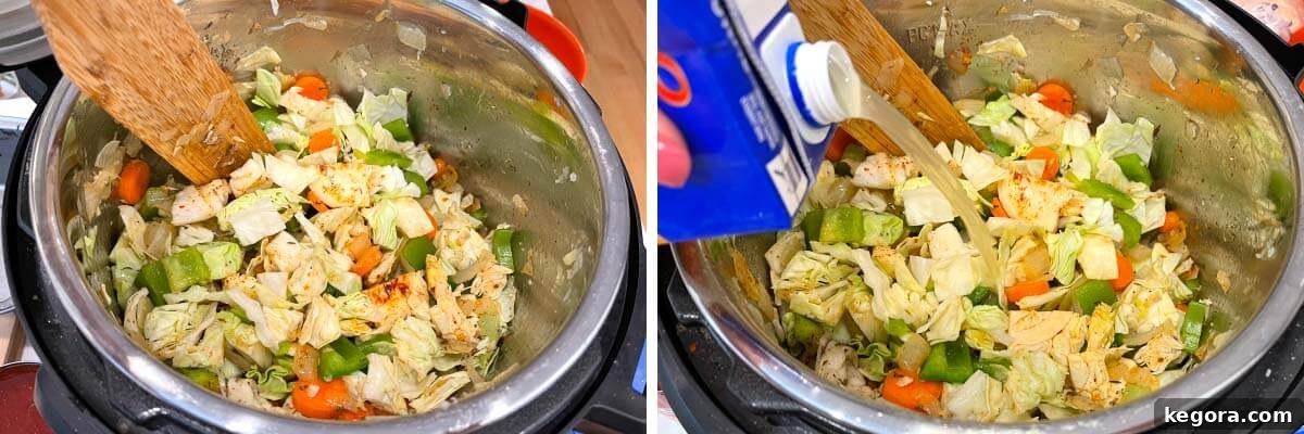 Hearty Instant Pot Cabbage Soup 7 adding broth to pot.