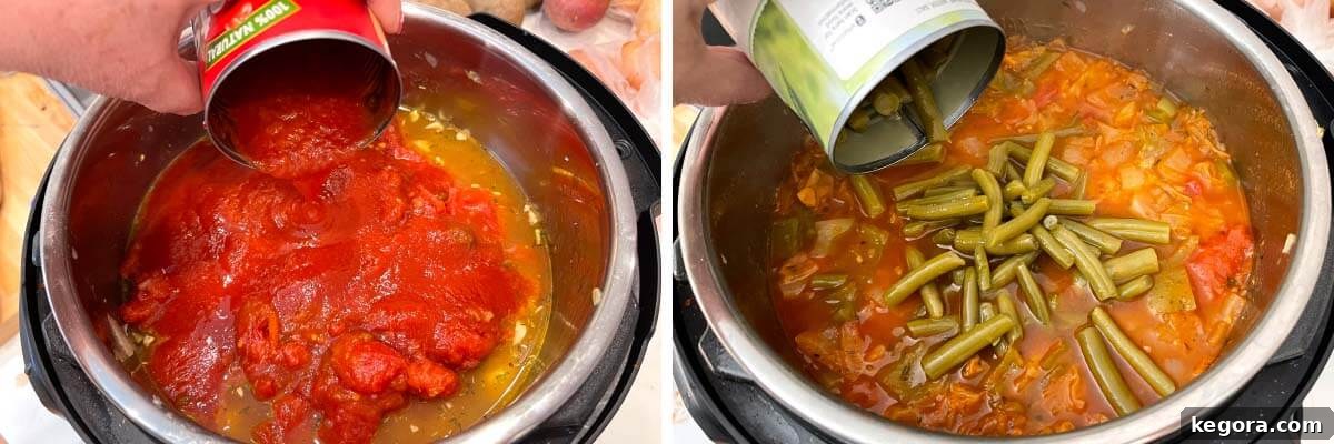 Hearty Instant Pot Cabbage Soup 8 adding tomatoes and beans to pot.
