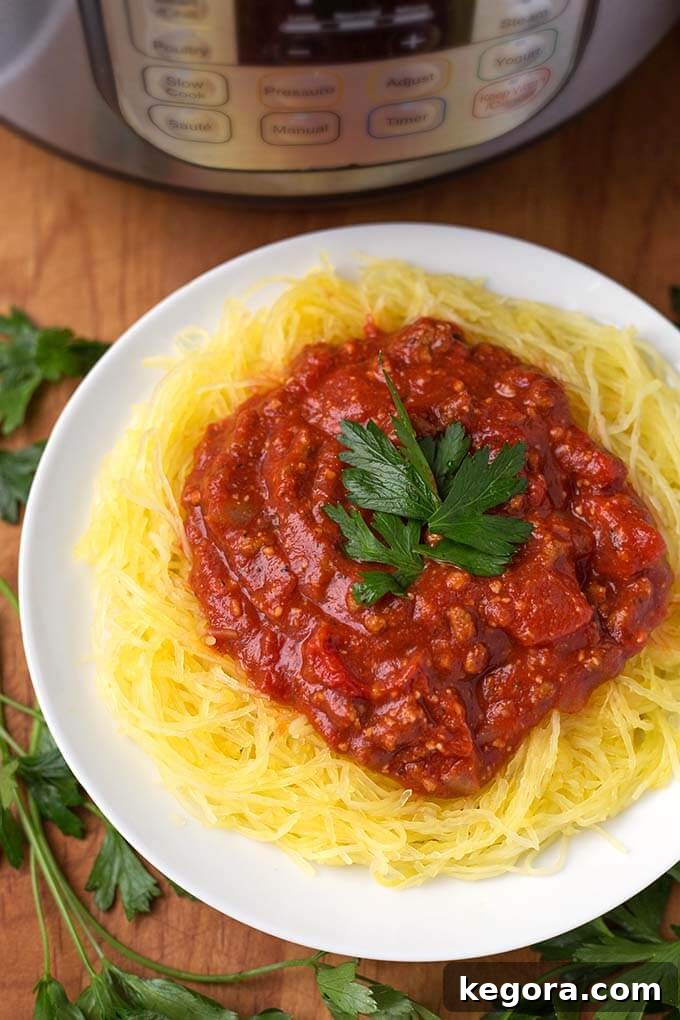 Squash Noodle Express 5 A generous serving of spaghetti squash topped with rich, red marinara sauce and fresh basil leaves on a pristine white plate.