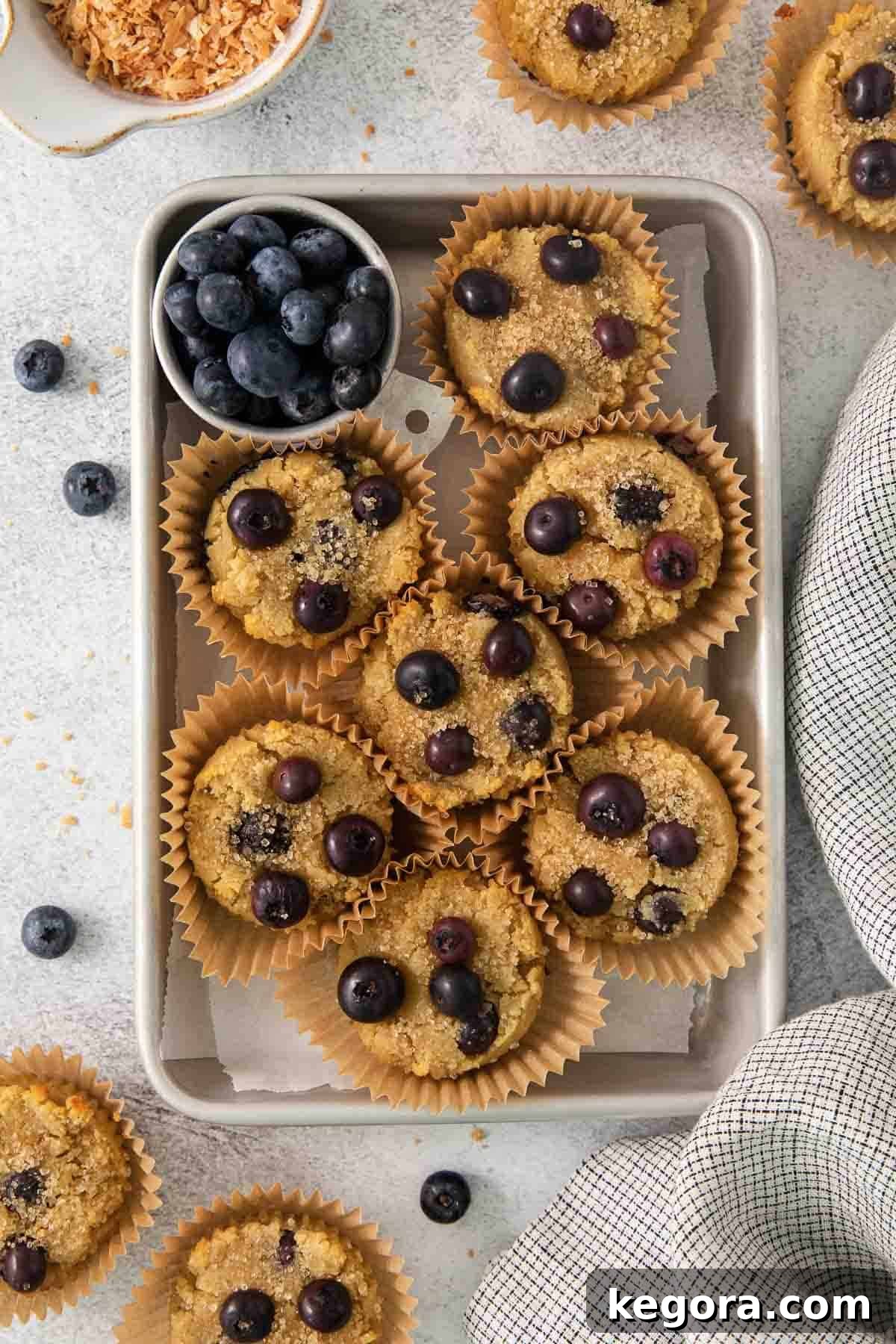 Close-up of baked coconut flour blueberry muffins in a baking dish, showcasing their golden-brown tops and moist interior.