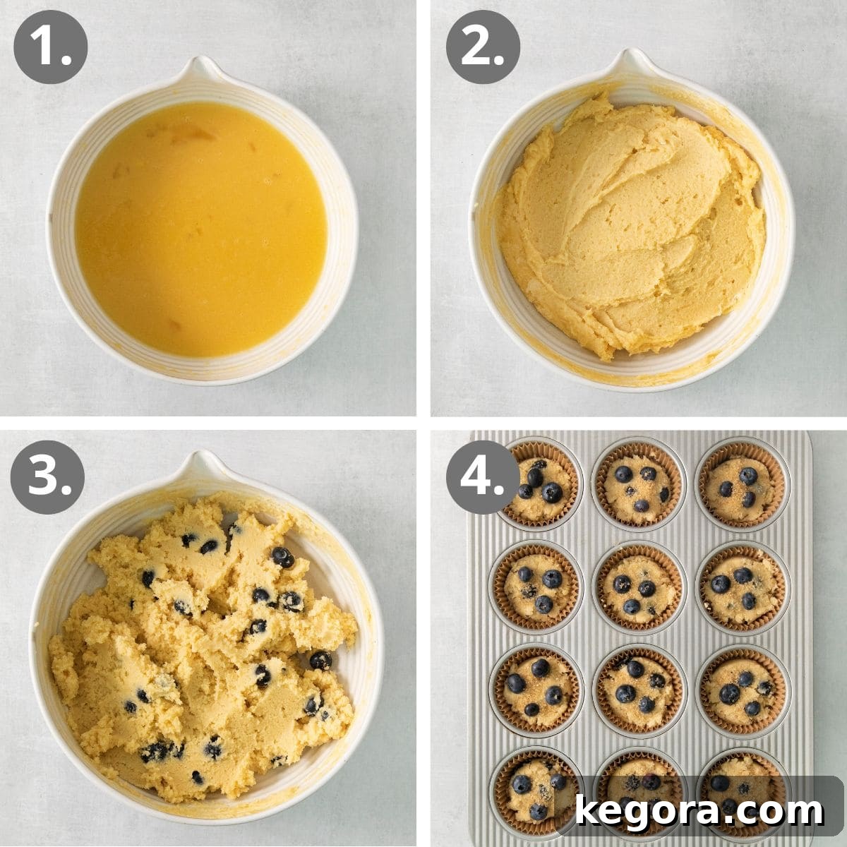 Collage of step-by-step photos showing the process of making coconut flour blueberry muffins, from mixing ingredients to placing them in the muffin pan.
