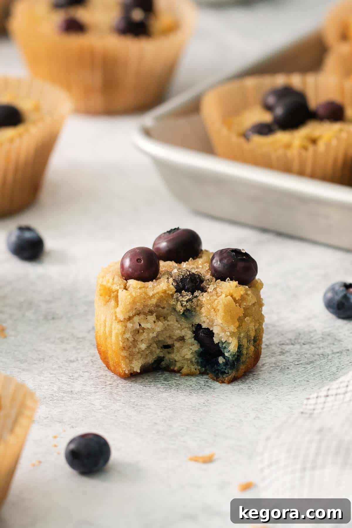 A close-up photo of a baked blueberry muffin with a bite taken out of it, revealing its moist and fluffy interior.