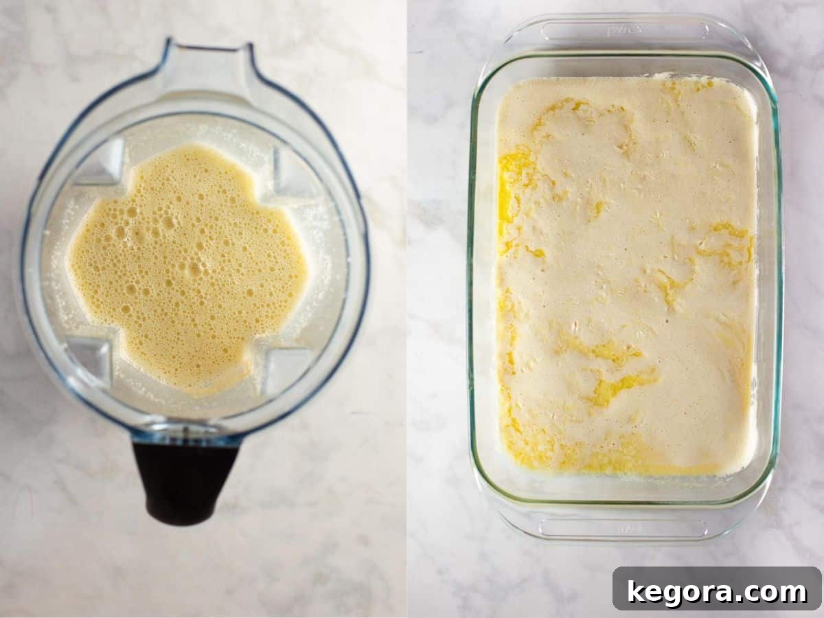 Visual guide showing how to mix gluten-free German pancake batter in a blender, illustrating the simple process.