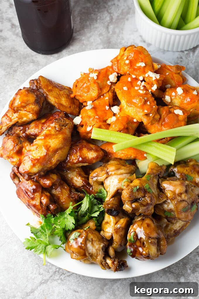 Three types of Instant Pot Chicken Wings on white plate with celery