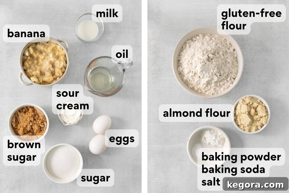 Individual ingredients for banana muffins measured out in bowls and labeled, including gluten-free flour, almond flour, and mashed bananas.