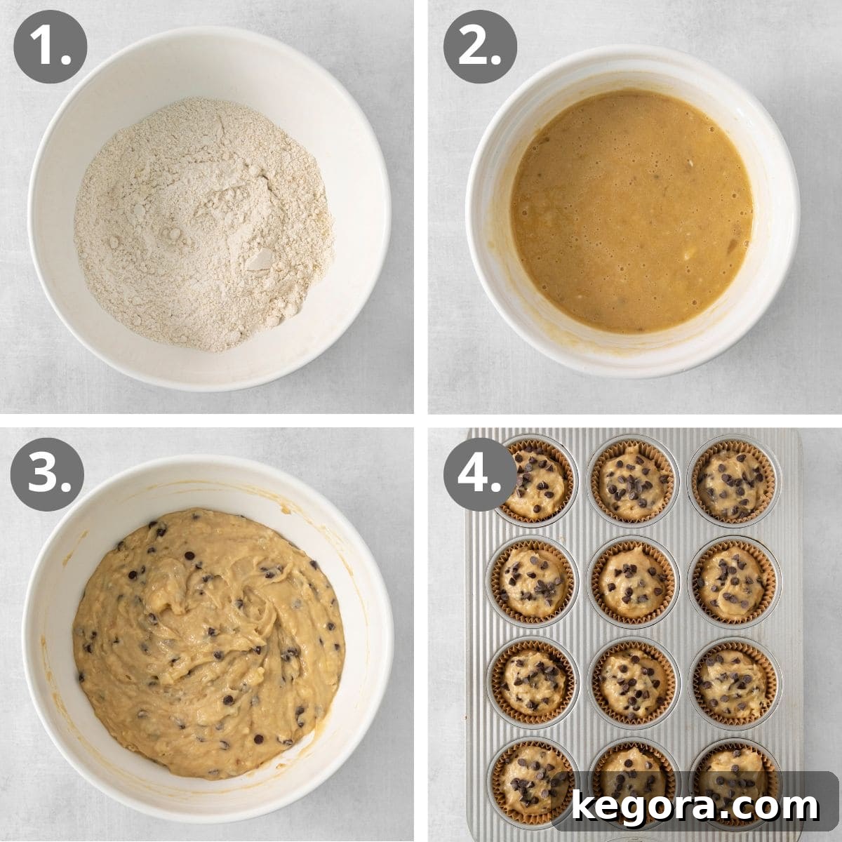 A visual guide showing the steps to make gluten-free banana muffins with mini chocolate chips, including mixing batter and filling muffin tins.