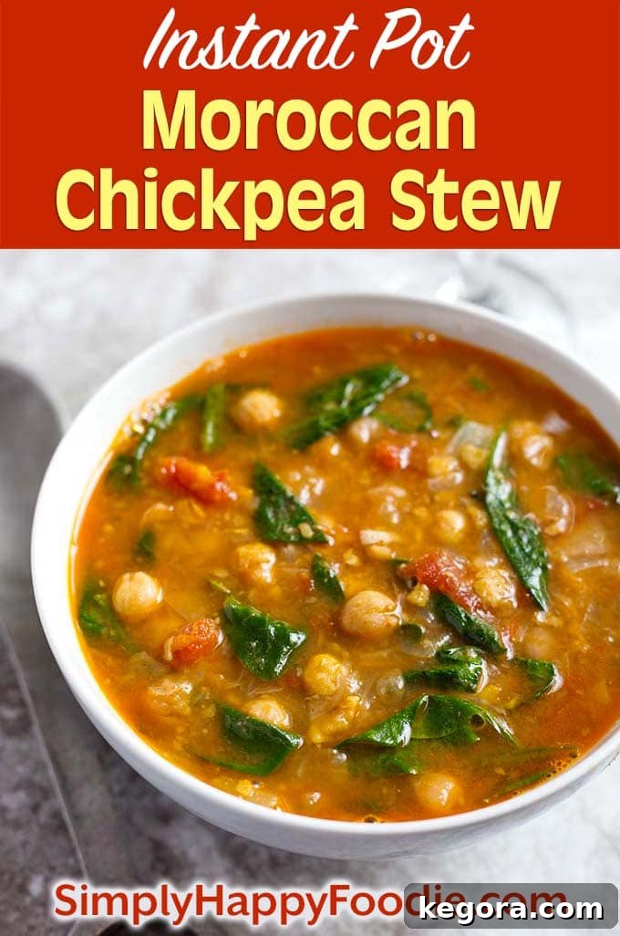 A beautifully composed image of Instant Pot Moroccan Chickpea Stew with the recipe title and Simply Happy Foodie logo, optimized for Pinterest sharing.