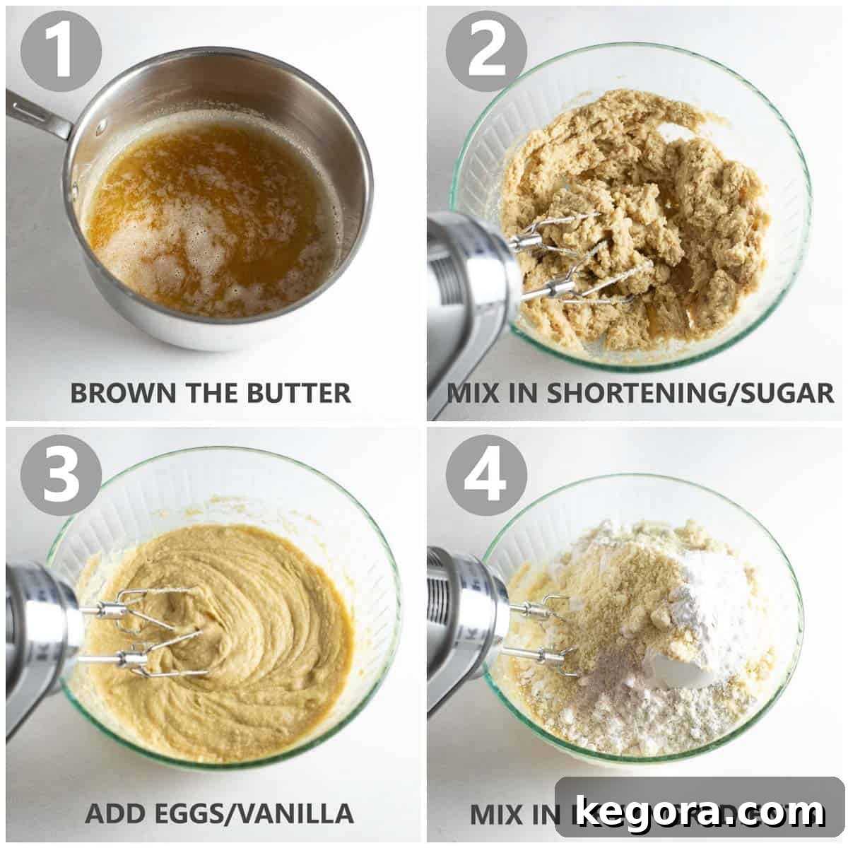 Step-by-step photos showing the process of making snickerdoodle dough with a hand mixer, ensuring a smooth and well-combined mixture.