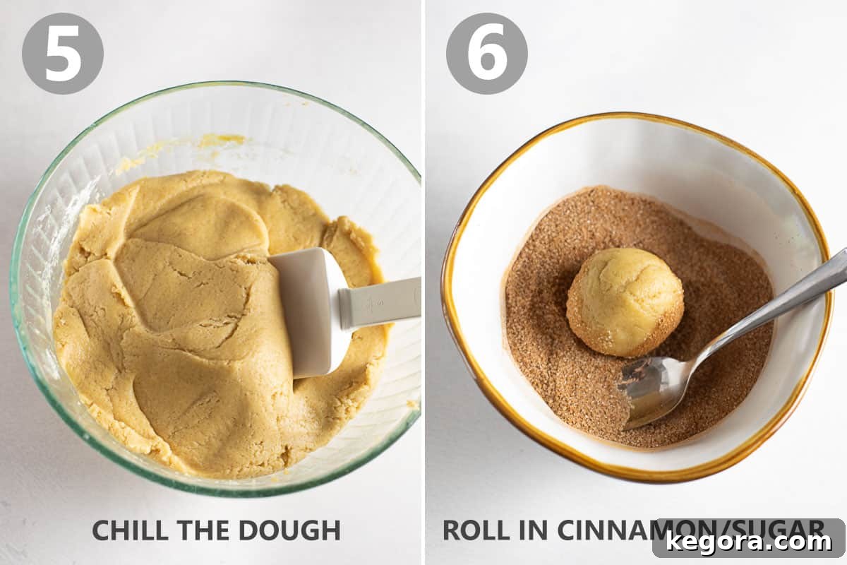Two step-by-step photos: one shows dough chilling in a bowl covered with plastic wrap, and the other shows a dough ball being perfectly rolled in cinnamon sugar mixture.