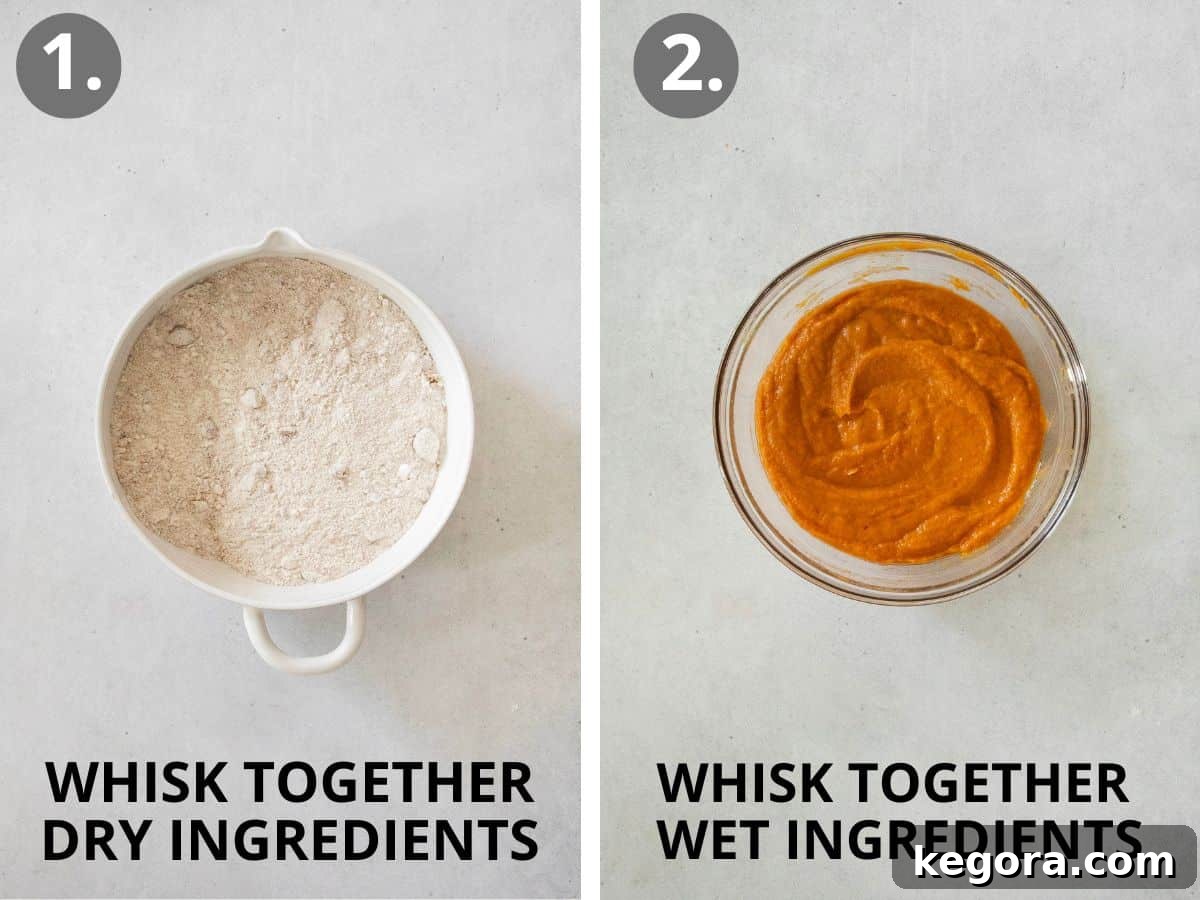 Step 1: Whisking dry ingredients in a large bowl. Step 2: Whisking wet ingredients in a medium bowl for gluten-free pumpkin muffins.