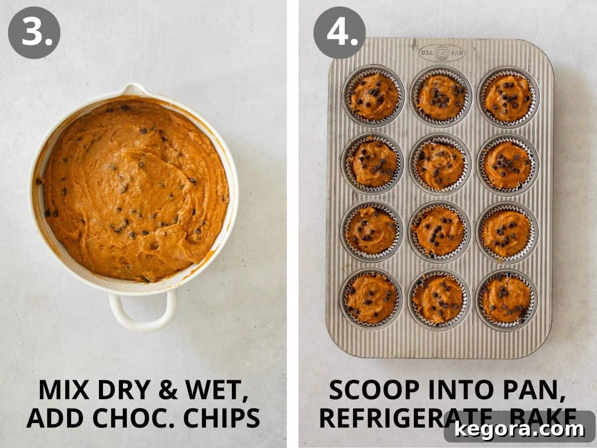 Step 3: Combining wet and dry ingredients, then folding in chocolate chips. Step 4: Scooping batter into muffin pan, chilling, and baking gluten-free pumpkin muffins.