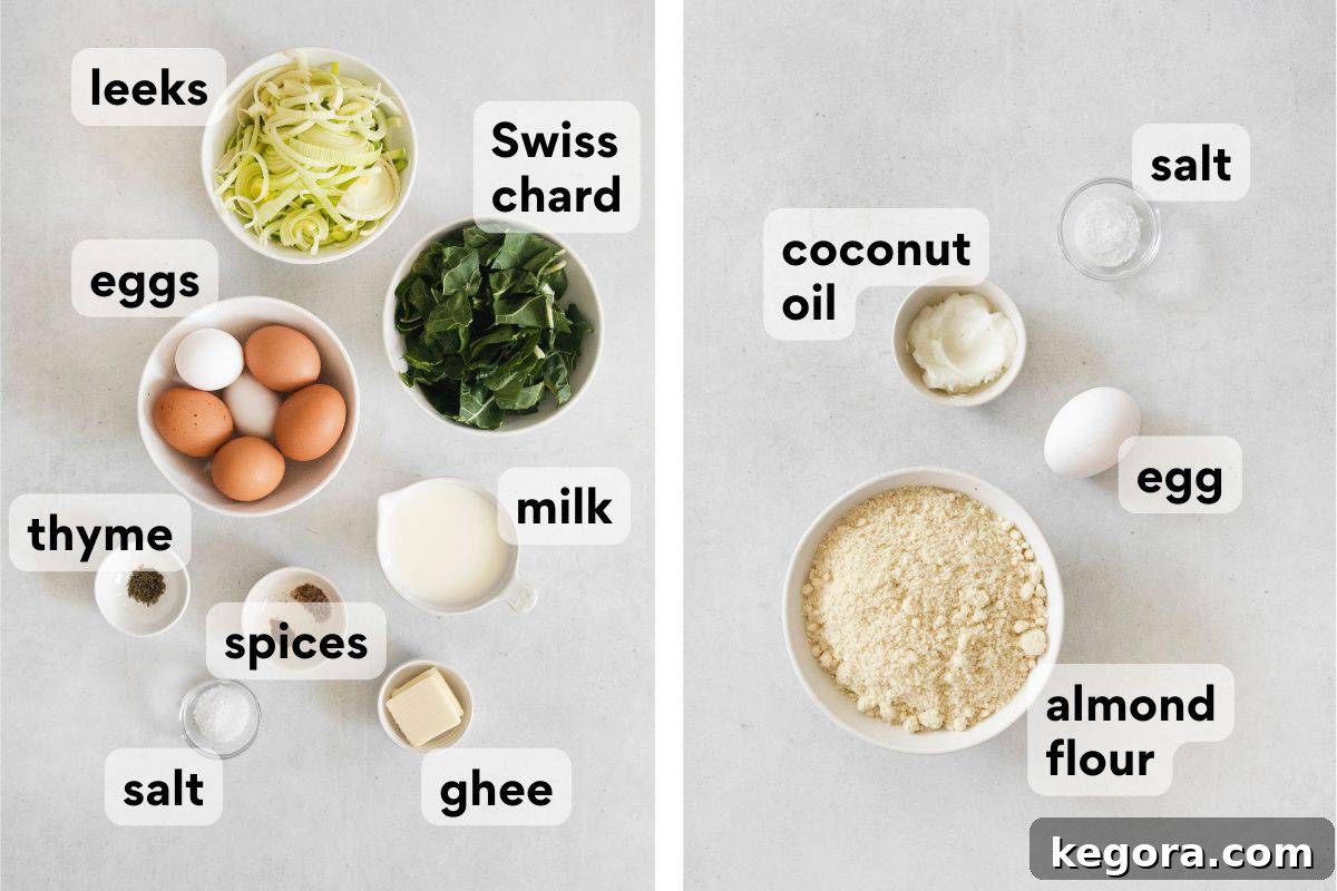 Nutty and Savory Almond Quiche 4 Various measured ingredients for an almond flour crust quiche, neatly laid out and labeled, including flour, eggs, leeks, and greens.
