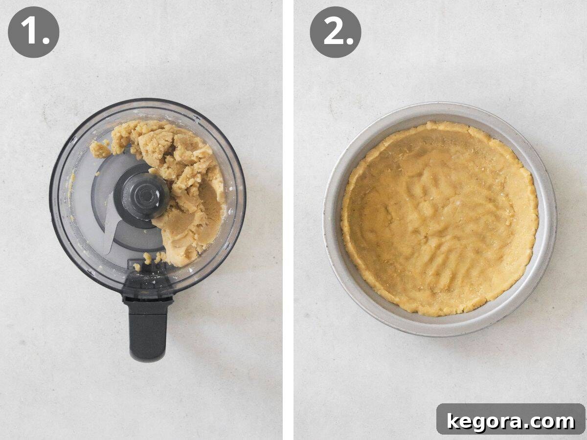 Nutty and Savory Almond Quiche 5 Step-by-step photos illustrating the process of making an almond flour crust, showing ingredients being mixed in a food processor and then pressed into a pie plate.
