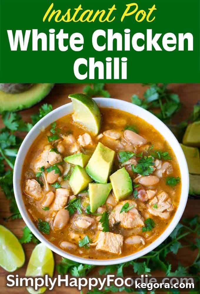 Speedy Creamy Instant Pot White Chicken Chili 4 Instant Pot White Chicken Chili with title and simply happy foodie logo