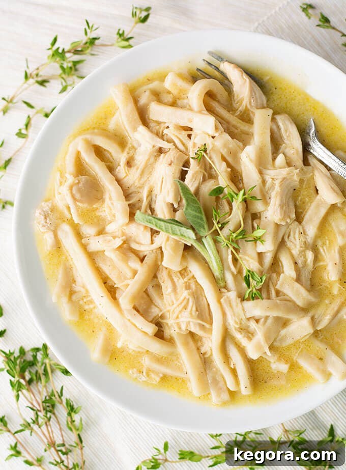 Comforting Instant Pot Chicken Noodles 5 Instant Pot Chicken Noodles with fork in a white bowl surrounded by herbs