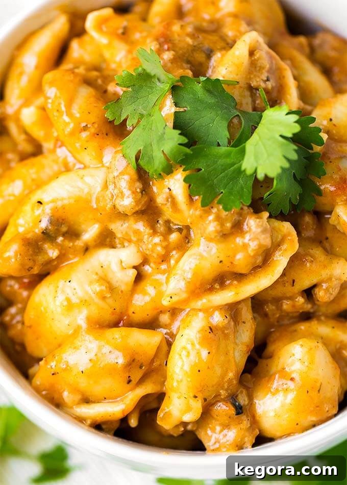 Close up of Cheesy Taco Pasta in a white bowl, showing creamy texture and melted cheese