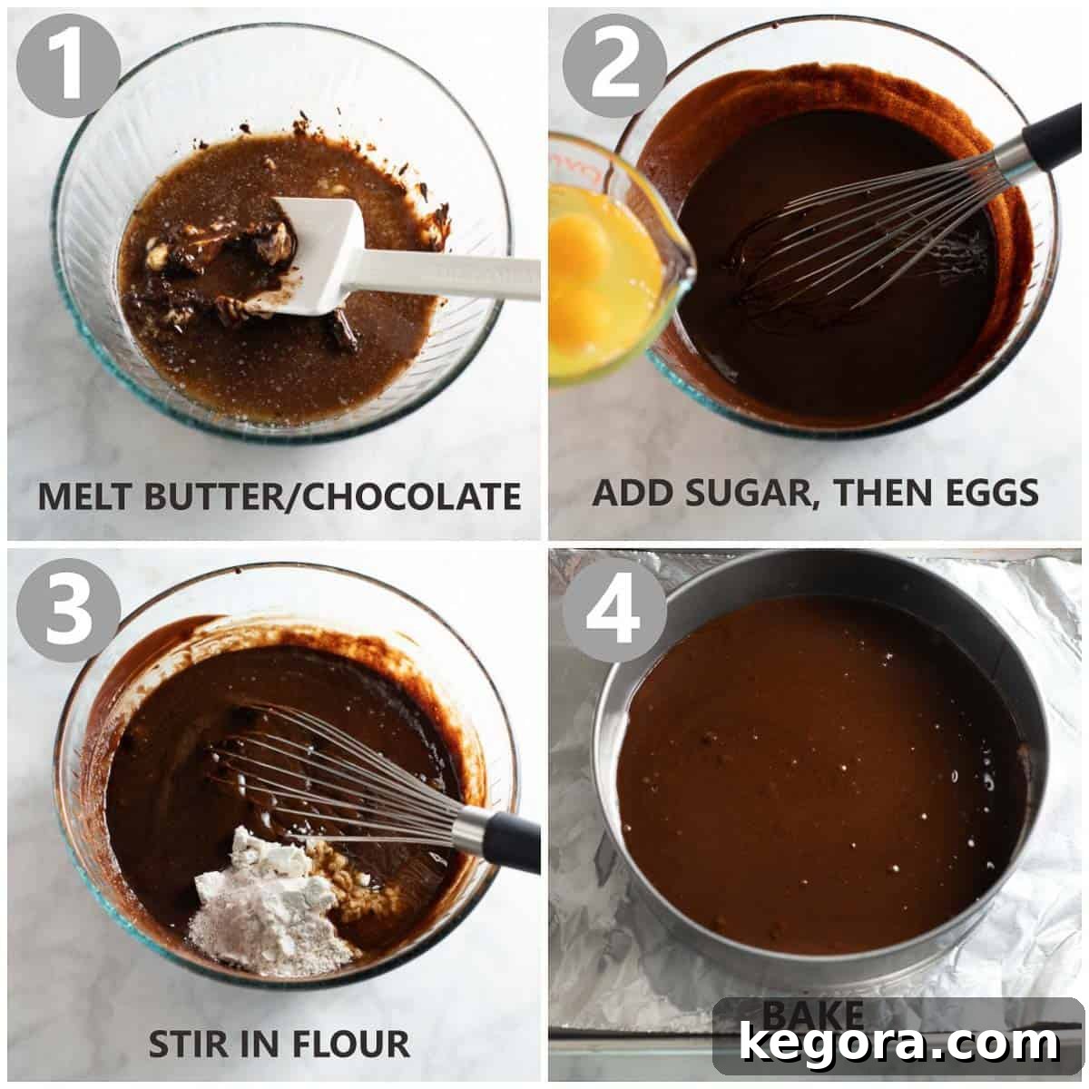 Step-by-step photos illustrating the creation of the rich chocolate cake base for the Gluten-Free Chocolate Mousse Cake.