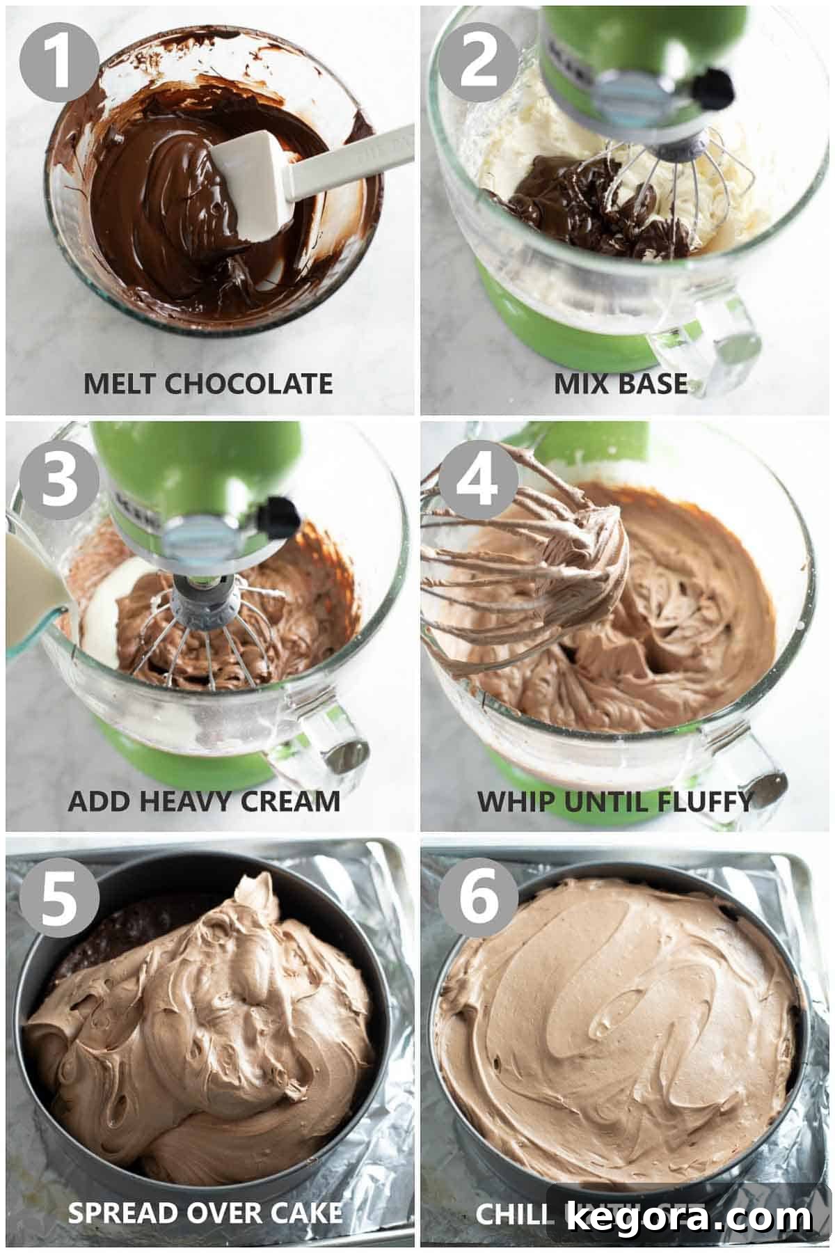 Step-by-step photos demonstrating the process of making the velvety chocolate mousse layer for the Gluten-Free Chocolate Mousse Cake.