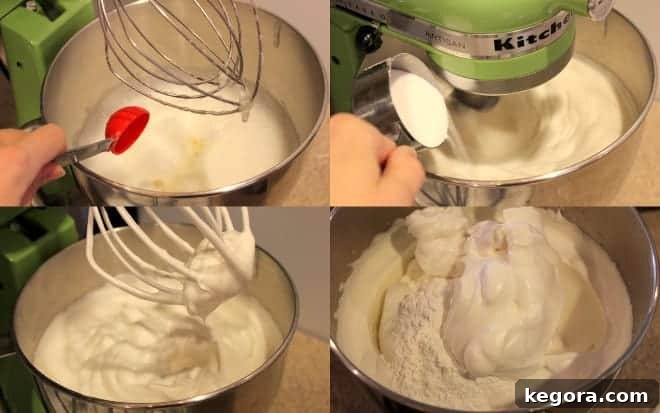 Step-by-step photos illustrating how to properly make and roll an angel food cake for a cake roll, showcasing the light texture.