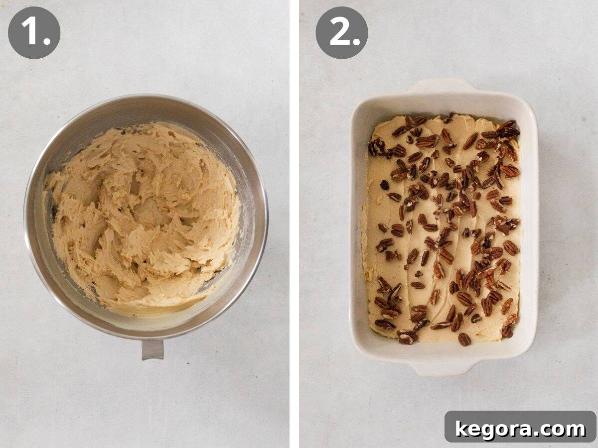Decadent Gluten-Free Sticky Buns 5 Steps showing the preparation of the caramel glaze and spreading it into a baking pan with chopped pecans.