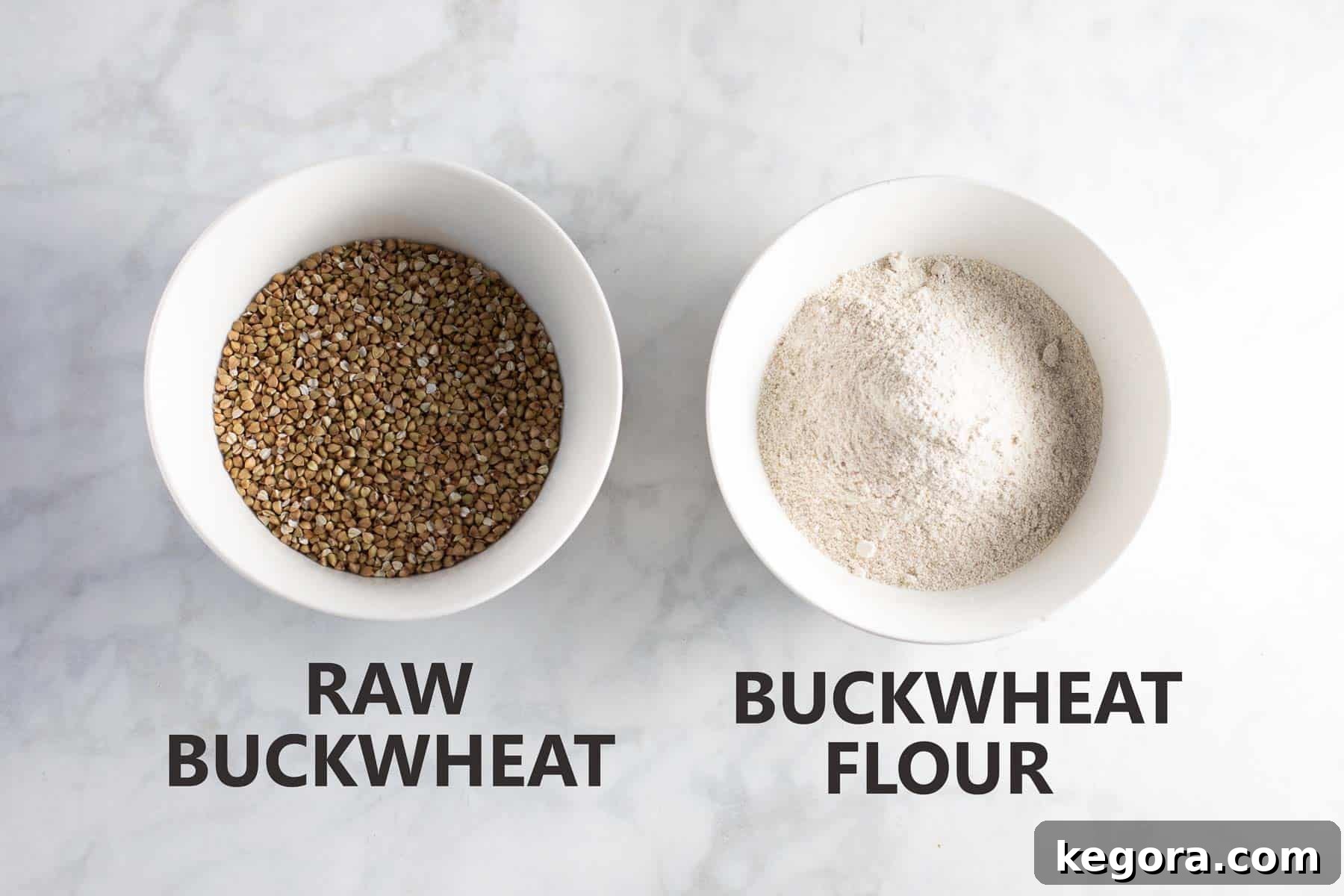 white bowl of buckwheat groats and white bowl of buckwheat flour