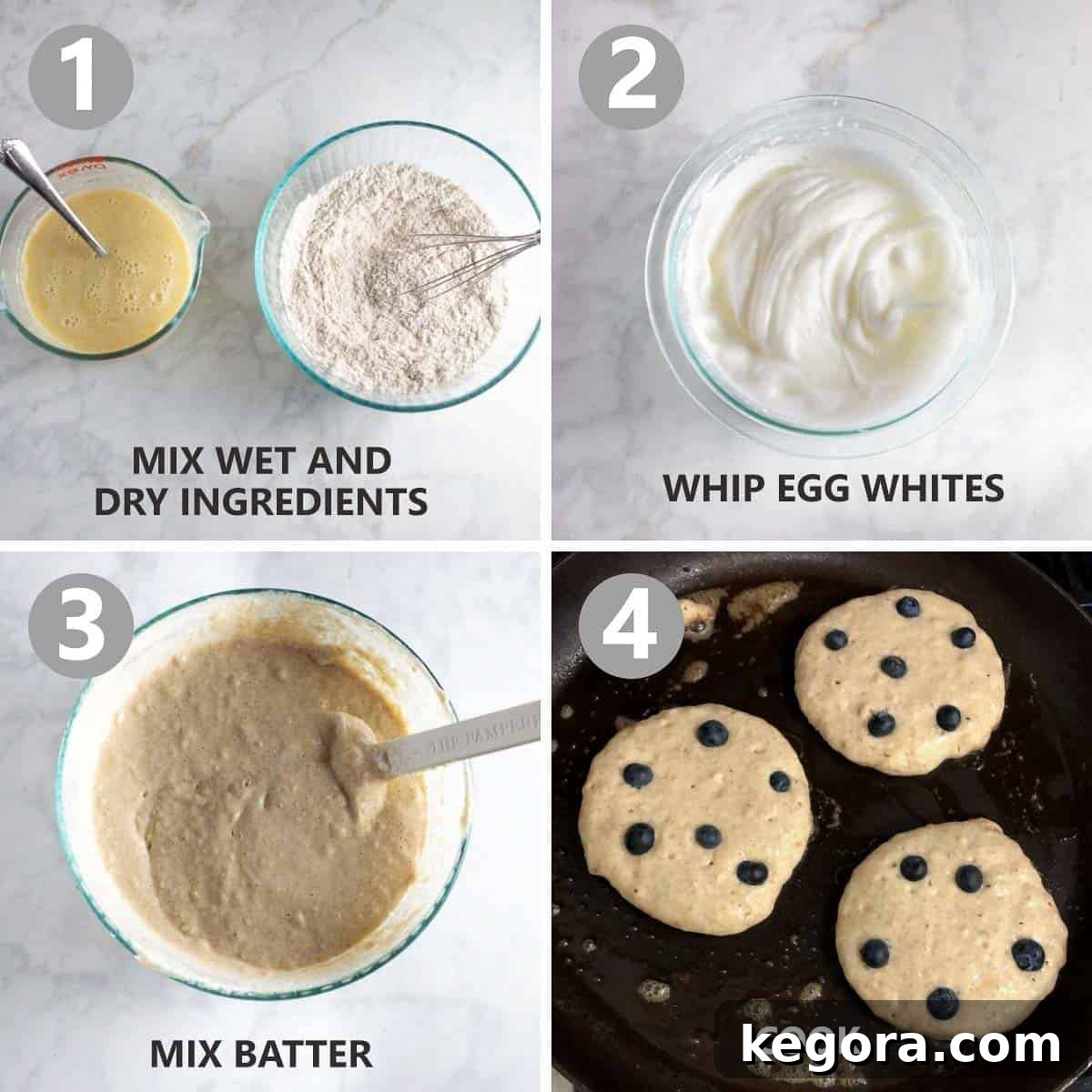 A grid of four step-by-step photos showing the process of making buckwheat pancakes: mixing ingredients, whipping egg whites, folding them in, and cooking on a griddle