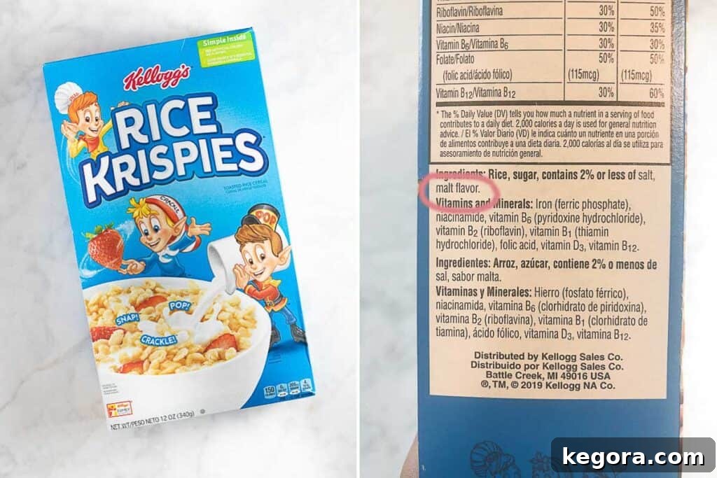 Close-up of a Kellogg's Rice Krispies box, highlighting the ingredients label with 'malt flavor' circled as a gluten-containing ingredient.